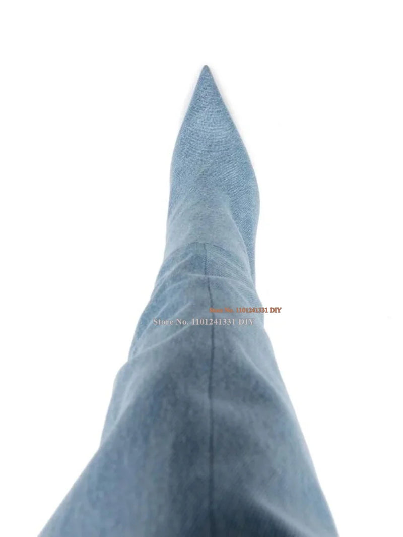 Denim Thigh High Boots In Light Blue Women Pointed Toe Thin High Heeled Stretch Fabric Over The Knee Thigh High Jeans Long Bota