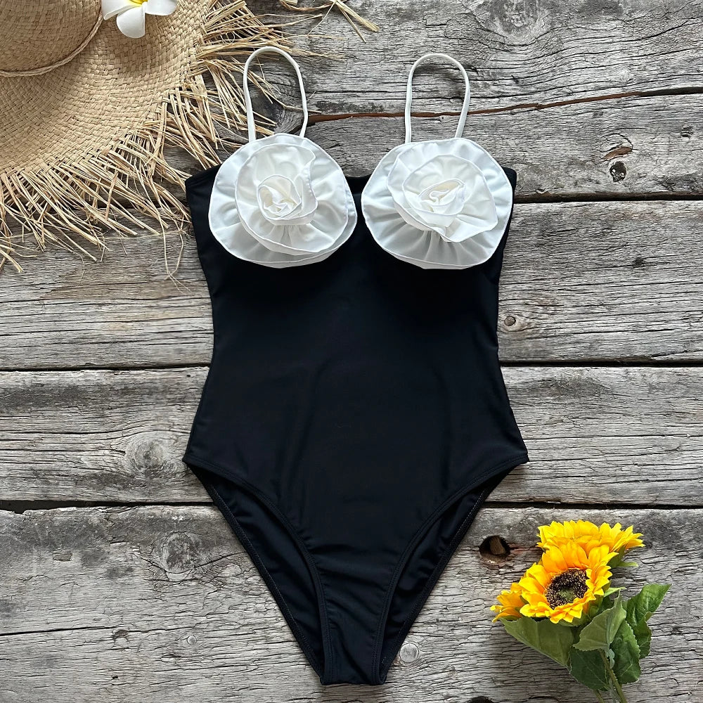 3D Floral Lace Up One Piece Swimsuits Bandeau Swimwear Push Up
