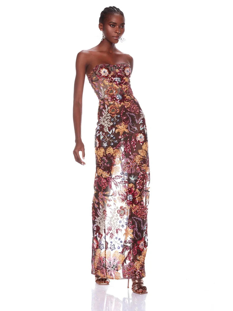 Strapless Designer Embroidery Flower Long Bodycon Gowns Dress Elegant Evening Party Club Dress