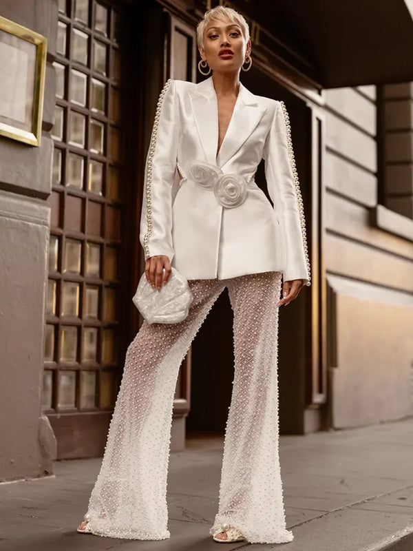 Luxury Sexy Long Sleeve V Neck Pearl Beading White Pants Set