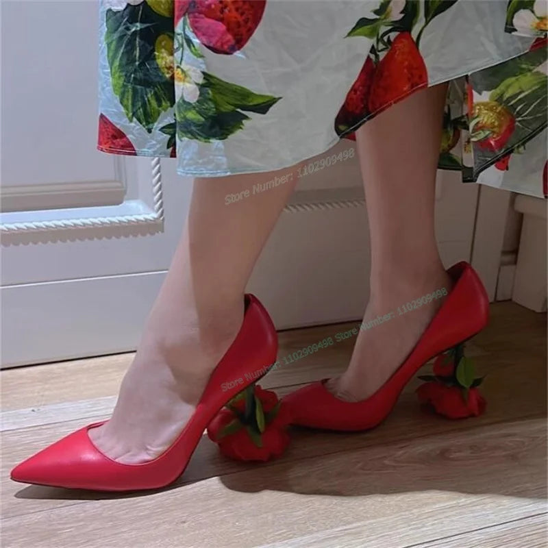 Black Matte Leather Rose Heel Pumps Pointed Toe Shoes
