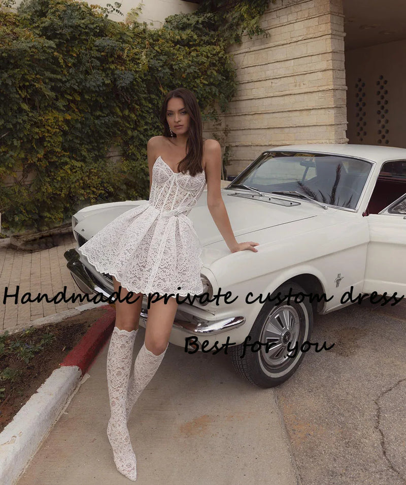 Lace Appliques Sweetheart Wedding Dresses Bone Corset A Line Mini Bride Dress