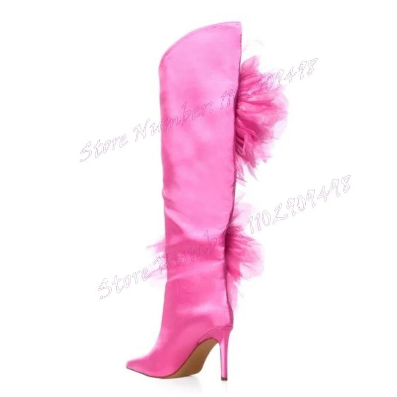 Pink Mesh Flower Decor Satin Boots Knee High Pointy Toe