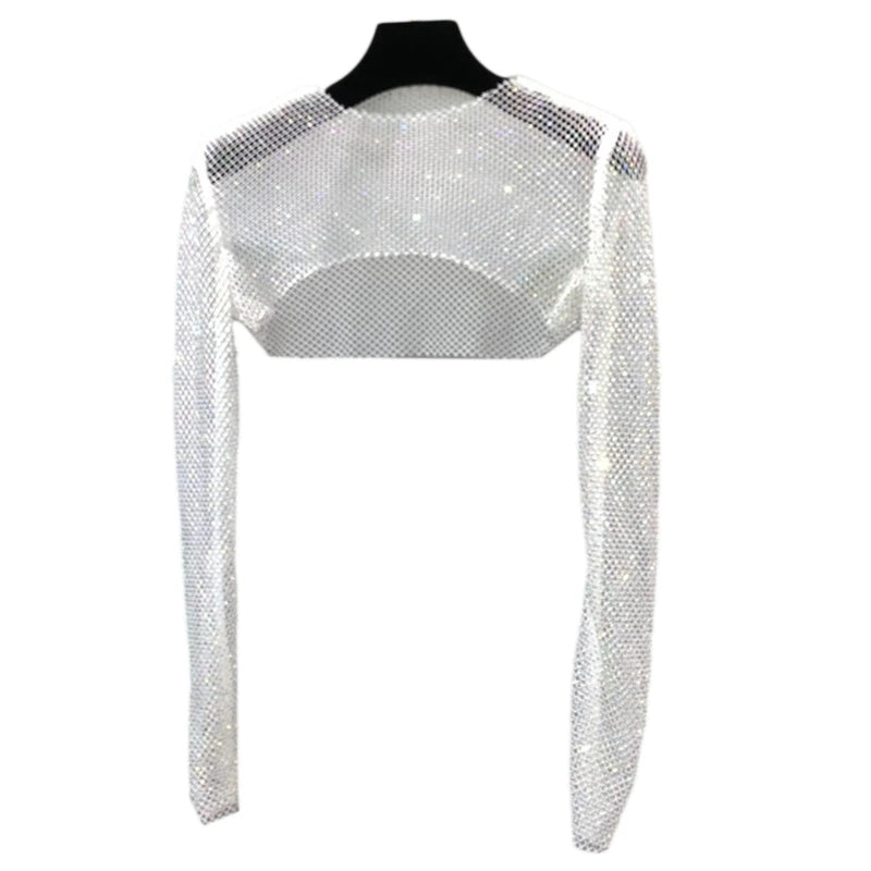 Colorful Rhinestones Long Sleeve Crop Top Sparkly Glitter