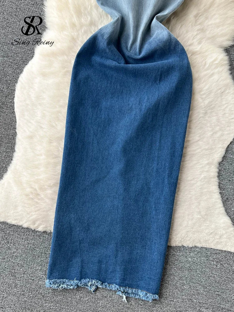 Summer Gradient Strapless Denim Dress