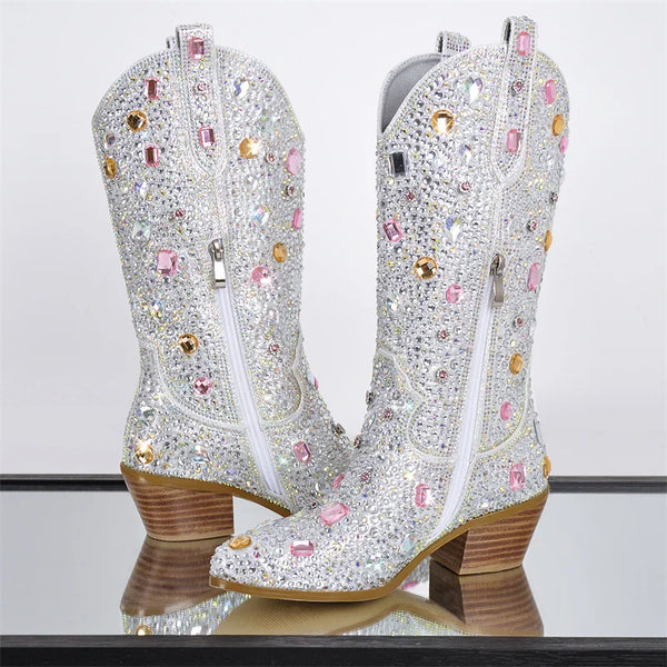 Multi-colored Rhinestone Handmade Mid-calf Western Boots