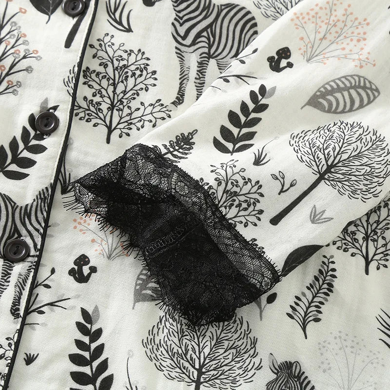 Zebra Print Pajamas for Women Turn-down Collar Lace Cuffs Long-sleeved  Trousers Loose Loungewear Cotton Double-layer Set