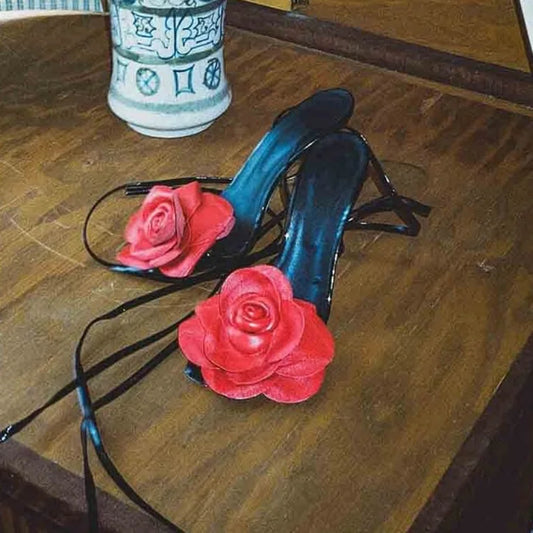 Black & Red Stiletto Heels Elegant Square Toe Wedding 3D Flower Sandals Lace Up Slingback Women Fashion Dress Party Casual Shoes