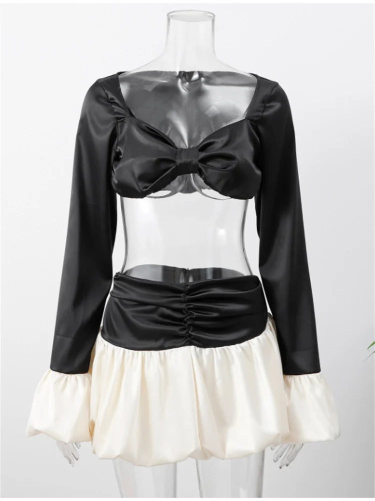 Ruched Contrast 2 Piece Set Women Halter Square Collar Flare Sleeve Crop Tops+Ruffles Mini Skirts Trend Suits