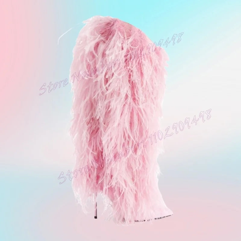 Pink Feather Decor Knee High Boots Pointed Toe Stilettos High Heels