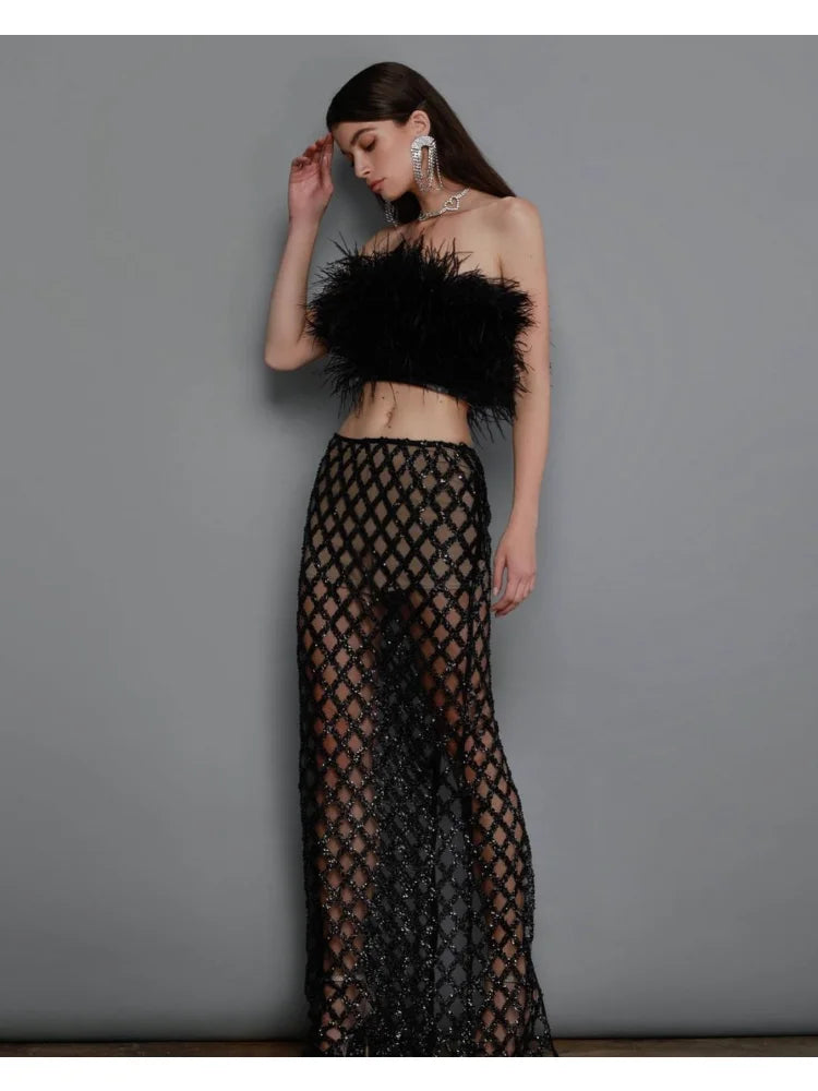 Feathers  Sleeveless Slash Neck Tow Piece Set Bodycon Bandage Dress Set Celebrity Party Nightclub Outfits
