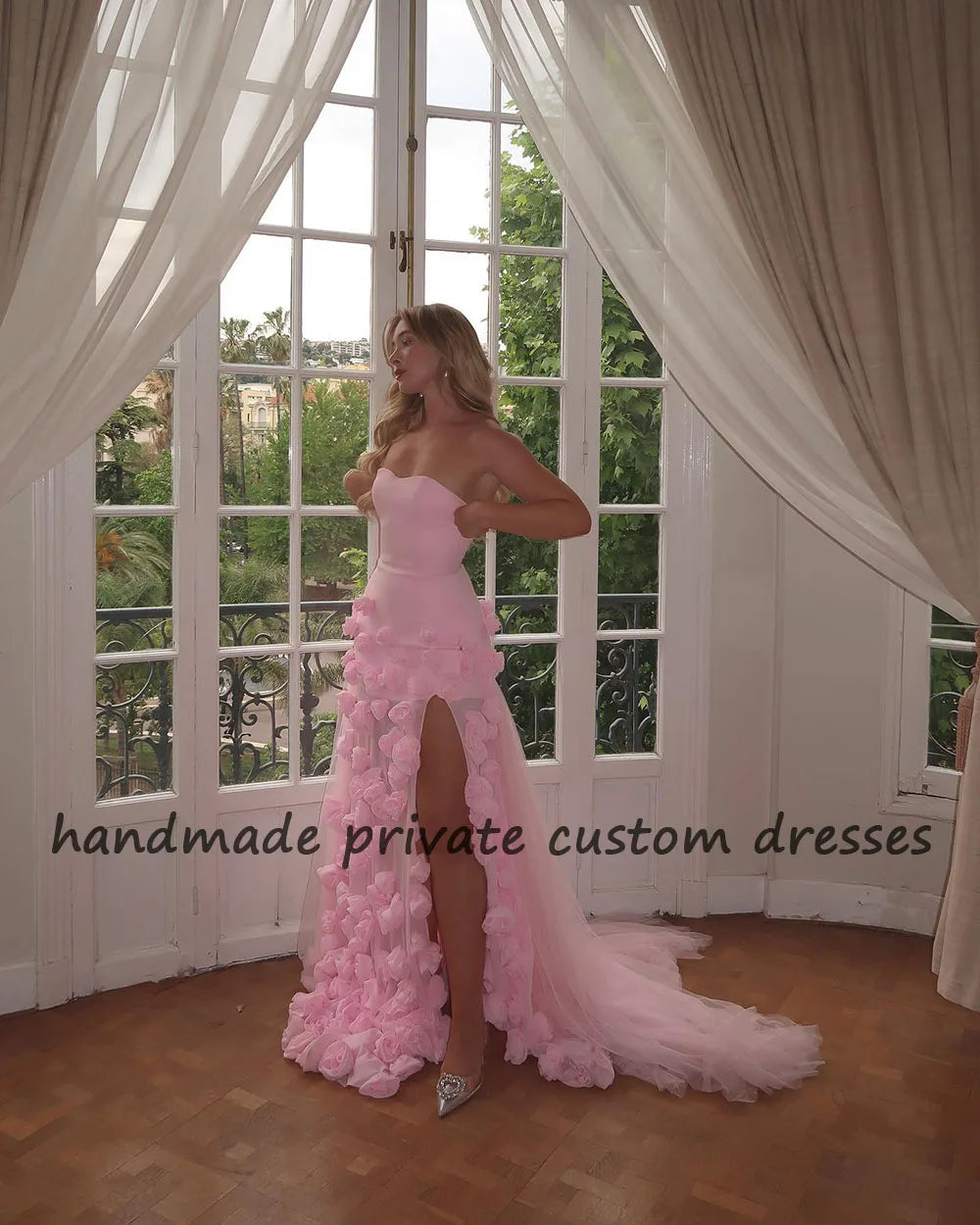 Pink Mermaid Fairy Evening Prom Dresses Side Split Handmade Flower Tulle Party Dress Pirncess Sweetheart Homecoming Prom Gowns