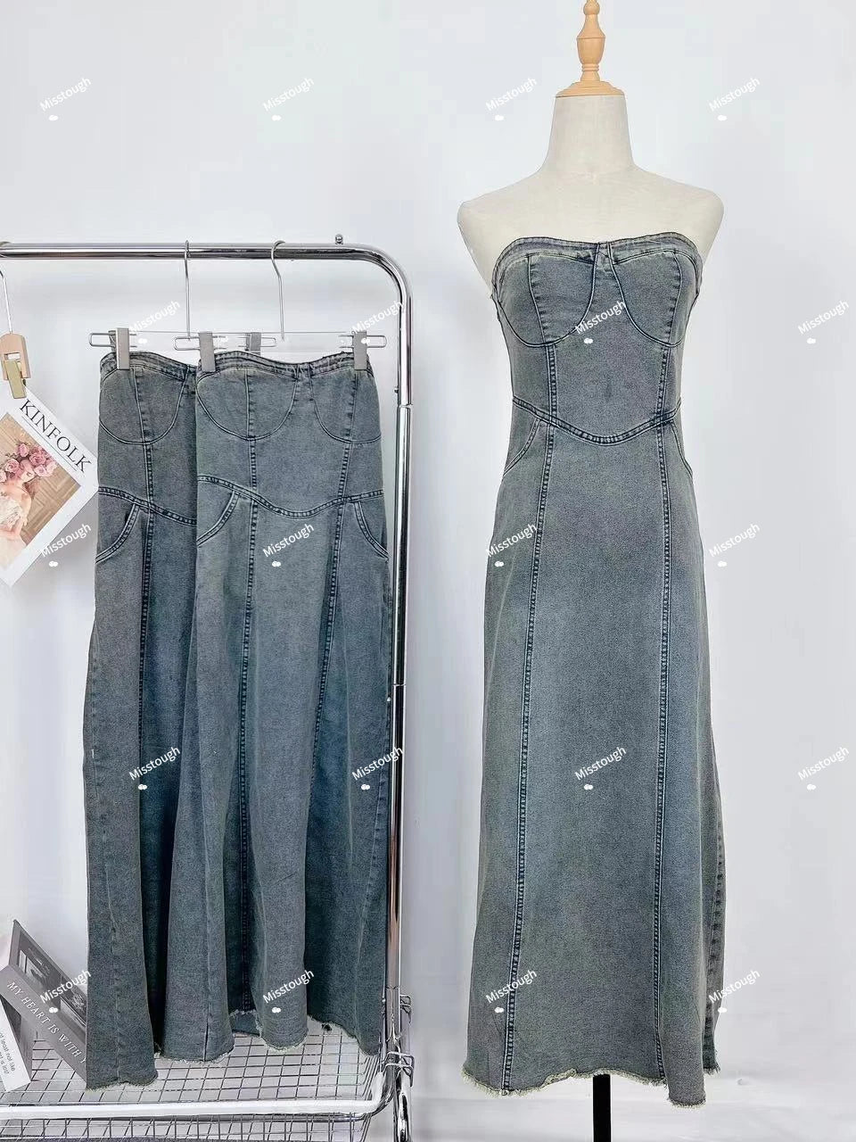 Vintage Elegant Party Midi Dress Denim Strapless Dress A-line Temperament