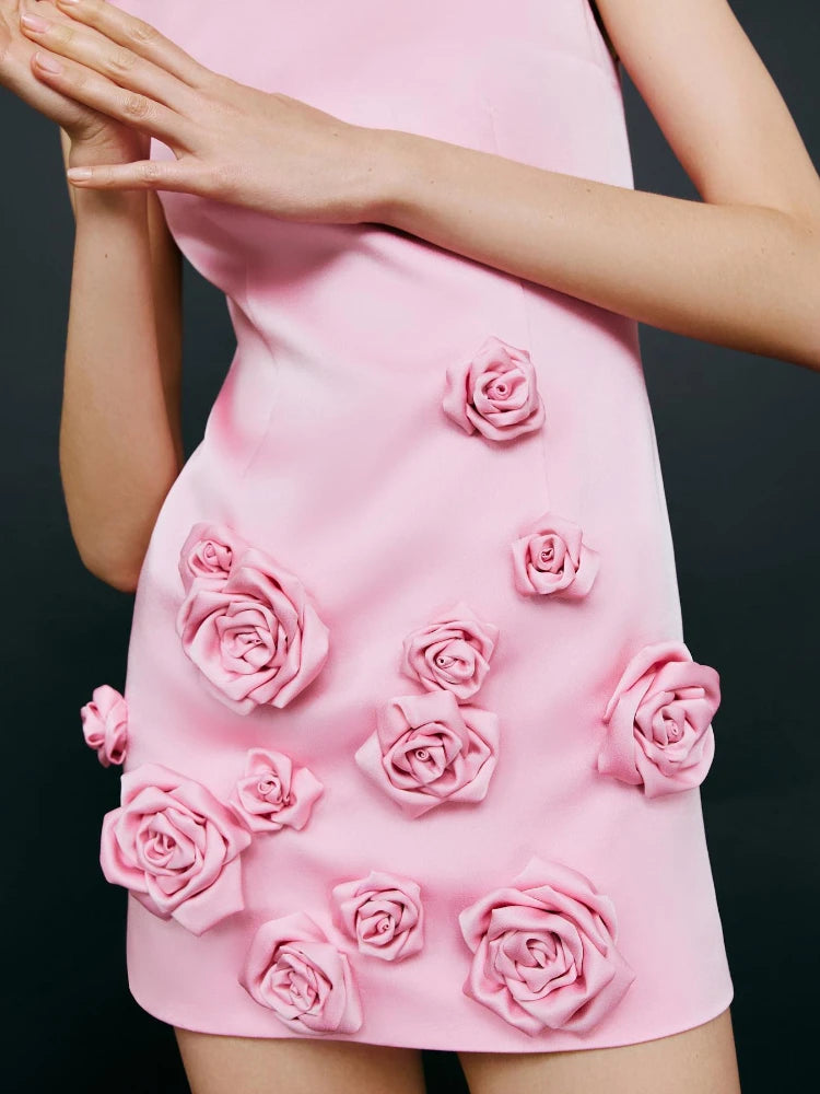 Pink 3D Flower Sleeveless Round Neck Tight Mini Dress Slim Fit Elegant Celebrity Party Dress