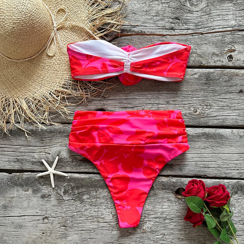 Two-Pieces Women Floral Lace Up 2023 Push-Up Padded Bra Print Bikini Set