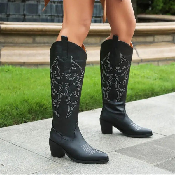 Western Black Boots Knee High Chunky Heel Embroider Shoes