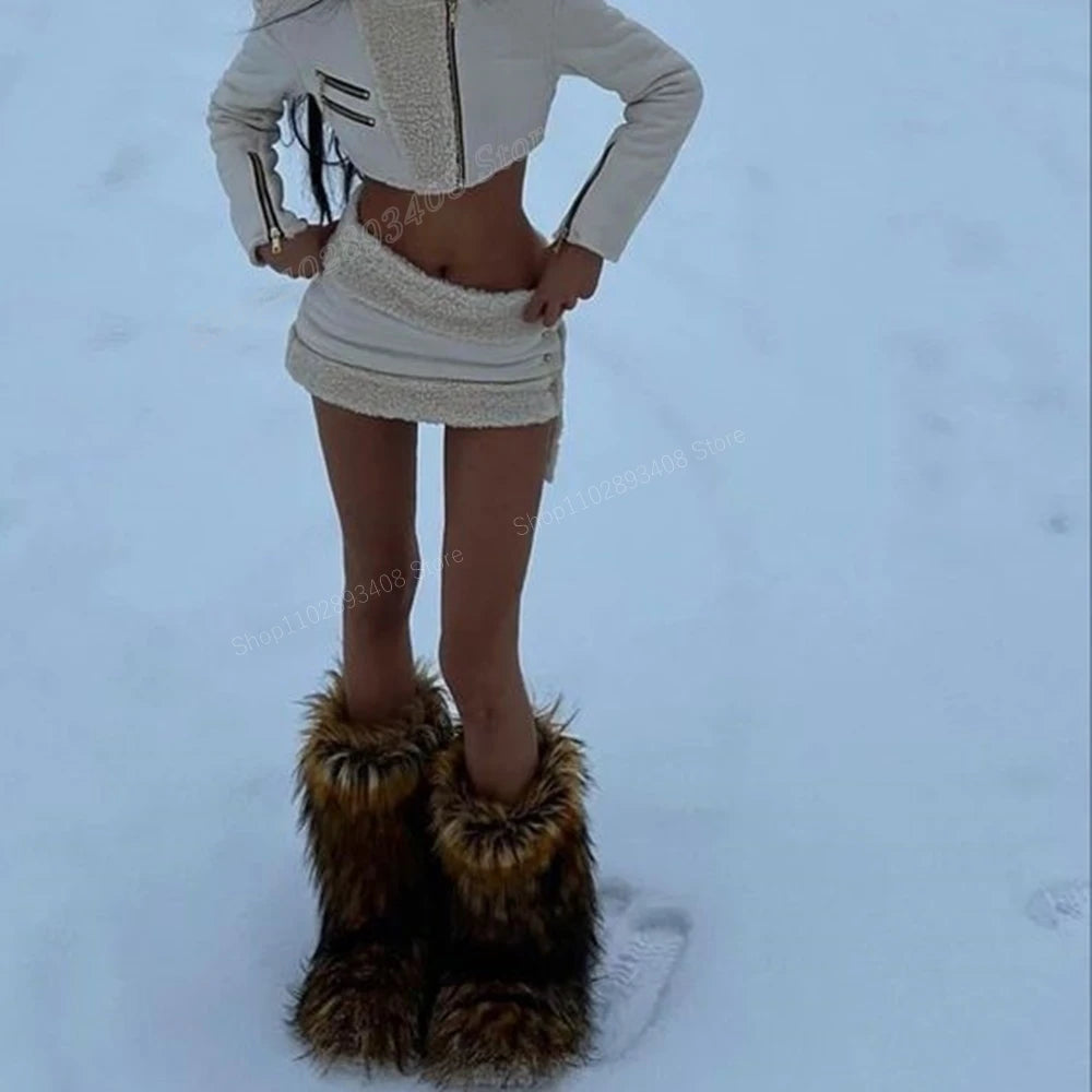 White Fur Decor Snow Mid Calf Boots Round Toe Thick Boots