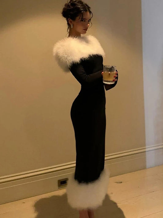 Off Shoulder Maxi Dress Furry Collar Dress