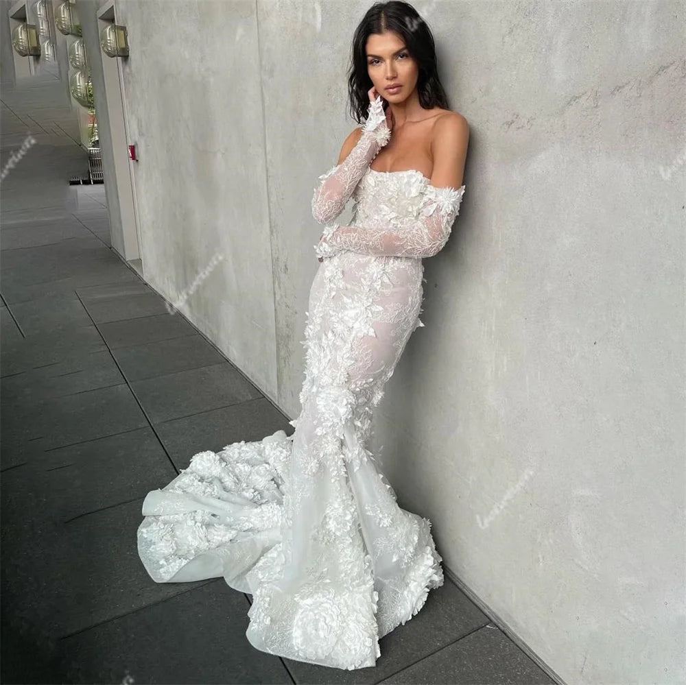 Modest Mermaid Lace Wedding Dresses Women Bride Dress Detachable Sleeve 3D Flowers Bridal Gown vestido de novia