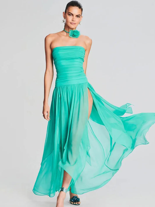 Strapless Backless Mesh Ruched Lake Blue Pleated Long Dress