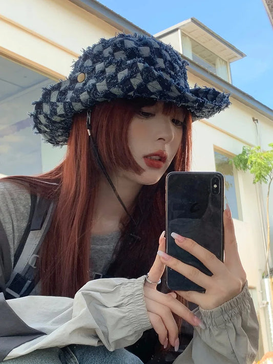 Chessboard Western Cowboy Cowgirl Hat Shopping Party Decoration Photography Props Fashion Denim Cap Travel Beach Country Hat