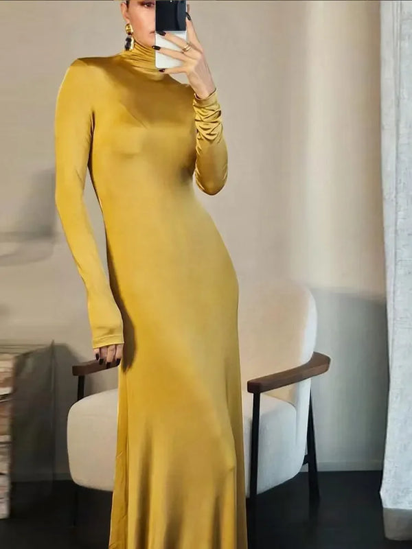 Spring Slim High Neck Glossy Maxi Dress