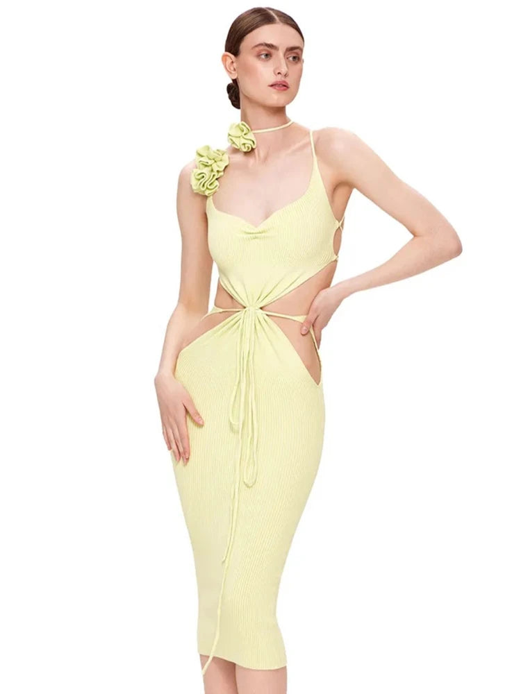 Open Back Dress 3D Flower Hollow Out Design Elegant Party Evening Midi Bandage Dress Vestidos