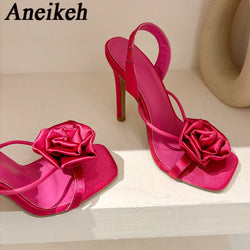 2024 Summer High Heels Sandals Women's Fashion Rose Silk Flower Open Toe Buckle Strap Sandals Party WEDDING Shoes