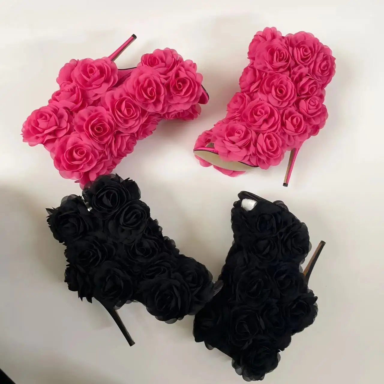 Peep Toe Rose Flower Ankle Boots Stiletto Heels Handmade Floral Pointed Toe Sweet Women Summer Sexy Unique Party Dress Shoes