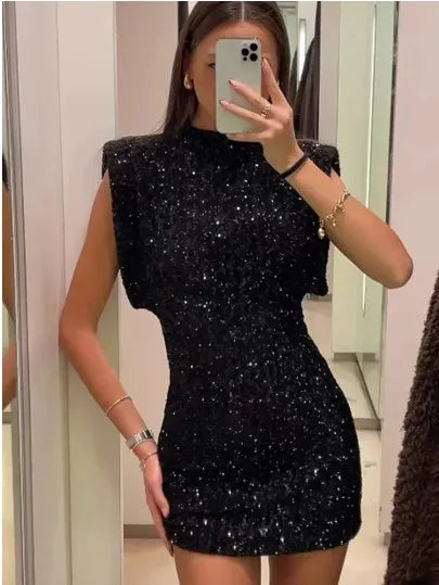 Sequin Shiny O Neck Mini Dress