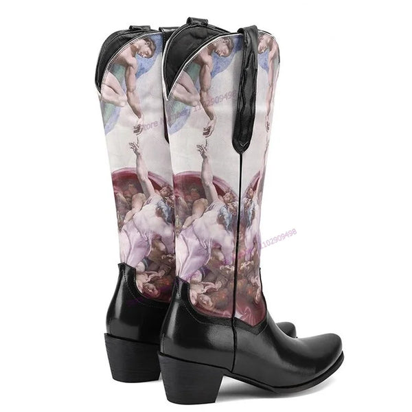 Cowboy Oil Painting Print Boots Knee High Pointed Toe