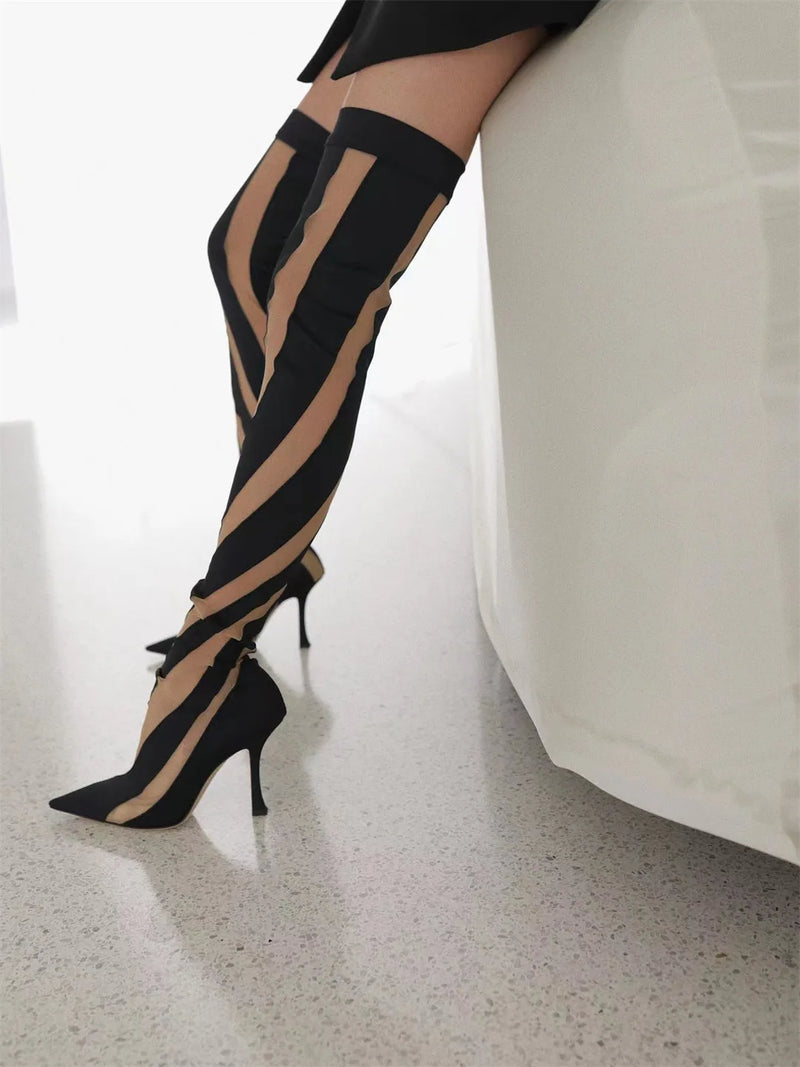 Mesh Over-Knee Elastic Boots Pointed Toe Thin Heel