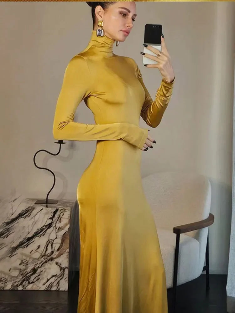 Spring Slim High Neck Glossy Maxi Dress