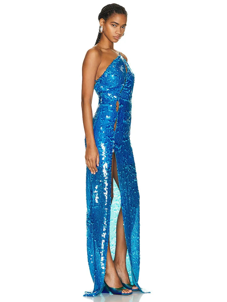 Sleeveless One Shoulder Sequin Slit Maxi Dress Elegant Neck Cut Out Sequin Evening Party Dresses