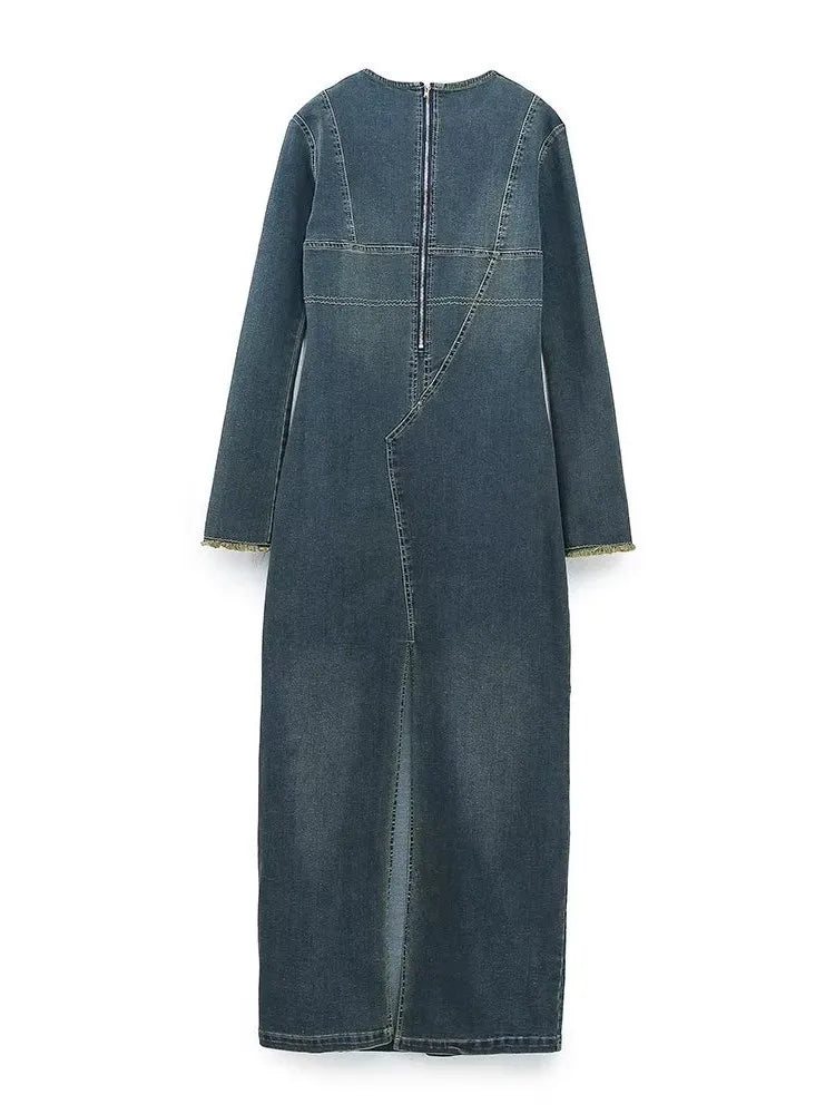 Casual Maxi Dress Long Sleeve Slit Denim O-neck Long Sleeve Jean