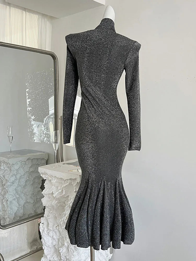 French Elegance Silver Mermaid Dress Sparkly Turtleneck Luxury One-Piece Frocks Party Prom 2000s Aesthetic Sweet Formal Occasion