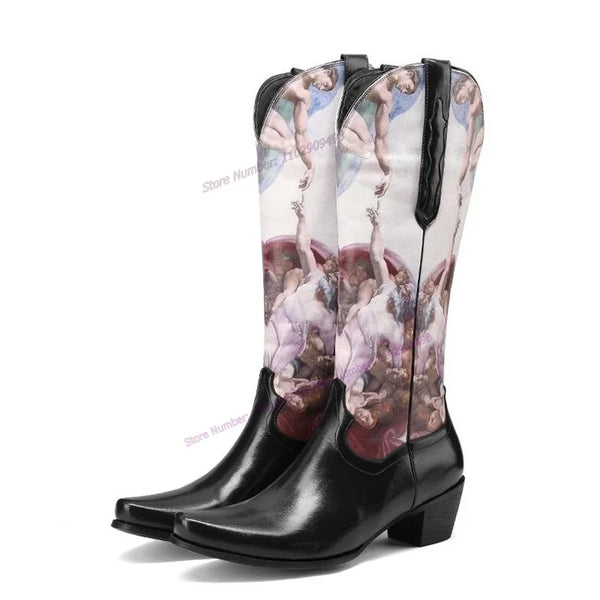 Cowboy Oil Painting Print Boots Knee High Pointed Toe