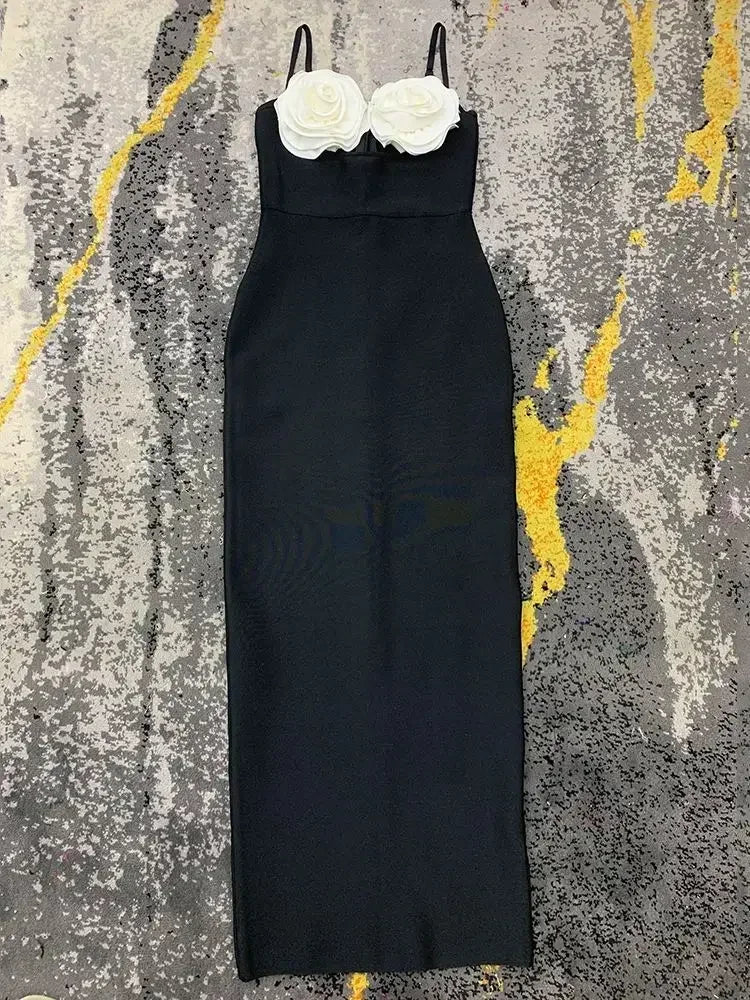 Hollow out Italian Noodle Strap 3D Flower Design Bandage Long Dress