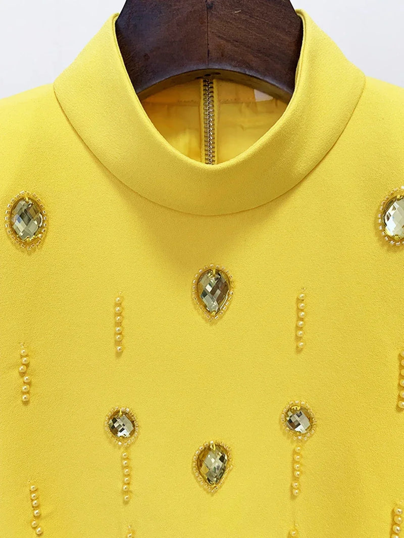 New Autumn Women's Fashion Sexy Diamond Beaded Short Top+Dress Yellow Two Piece Suit Set High Quality