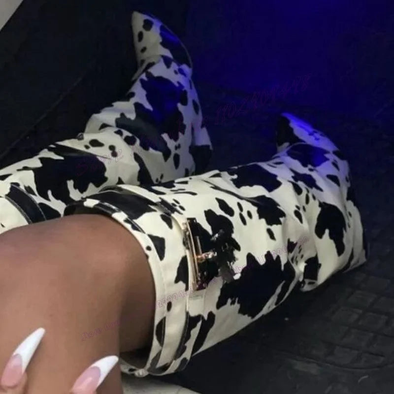 Cow Pattern Knee High Boots Pointed Toe Shoes