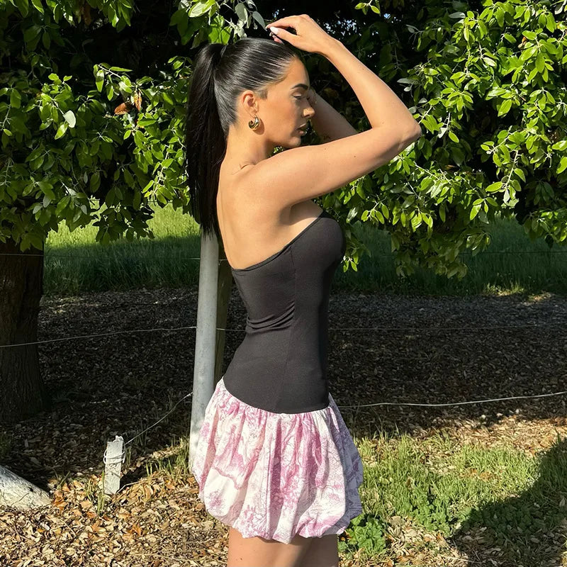 Chic Spliced Leopard Print Dress for Women Off Shoulder Strapless Slim Mini Dress