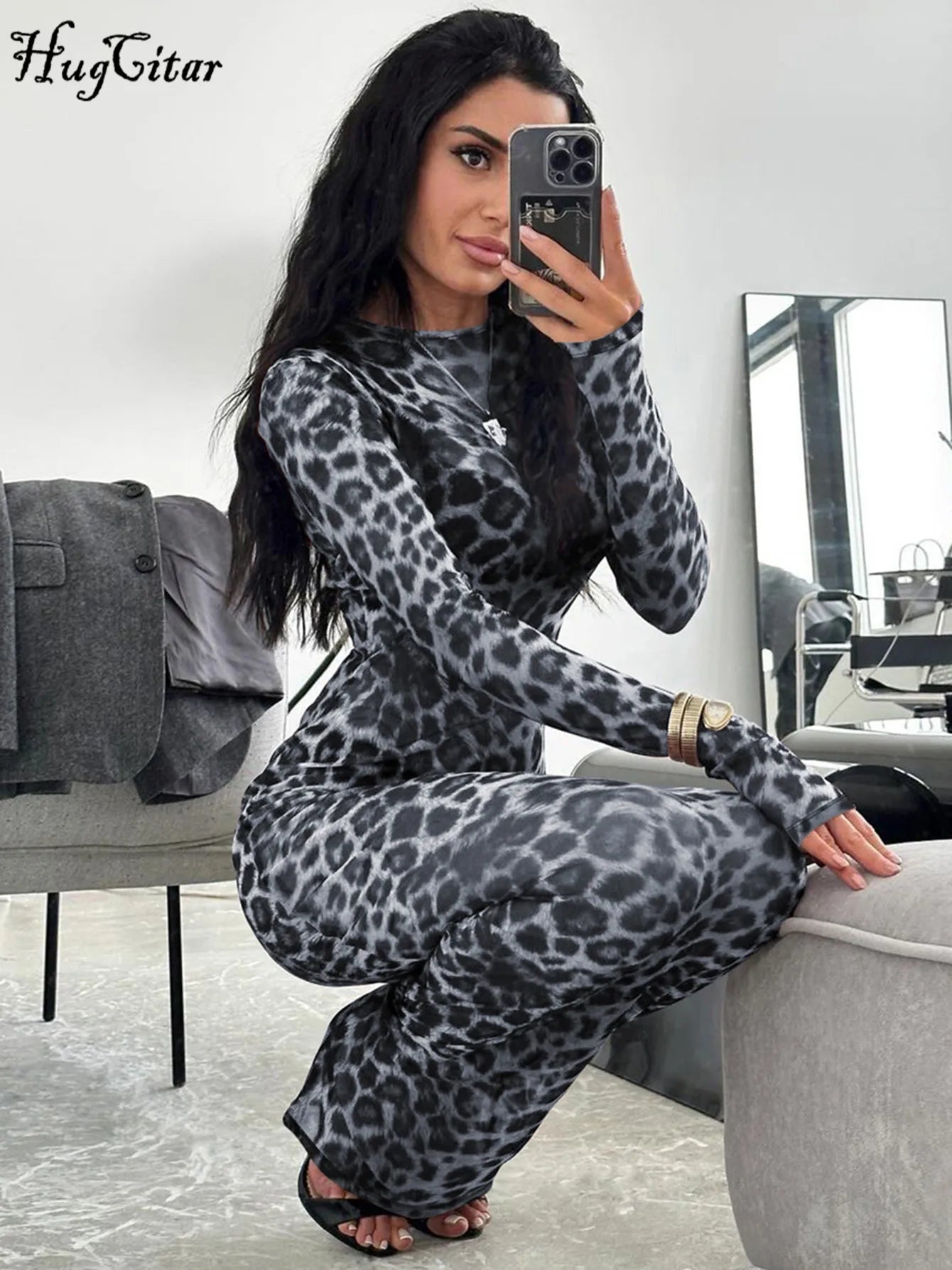 Leopard Print Mesh Long Sleeve Slim  See Through Maxi Dress