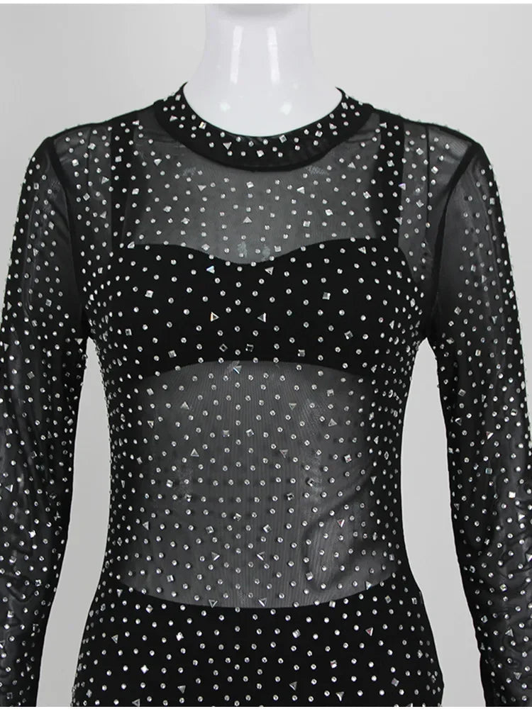 Rhinestone Mesh See Though Black Bodycon Jumpsuit Designer