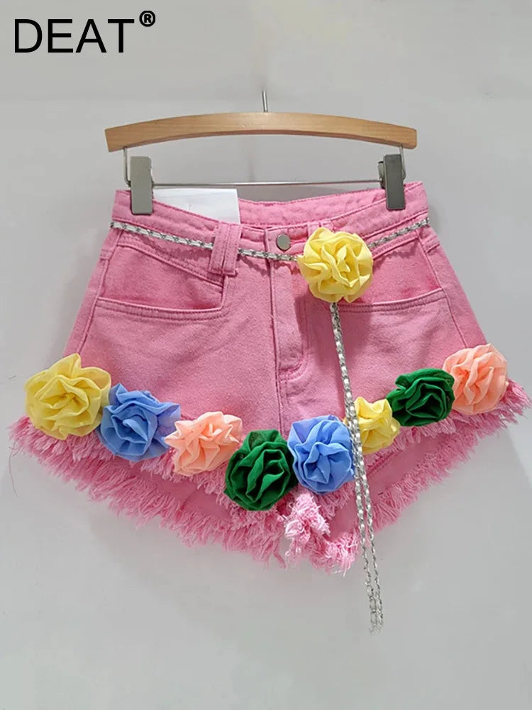 Denim Shorts Colorful 3D Flowers Twist Belt High Waist Burrs Wide Leg Short