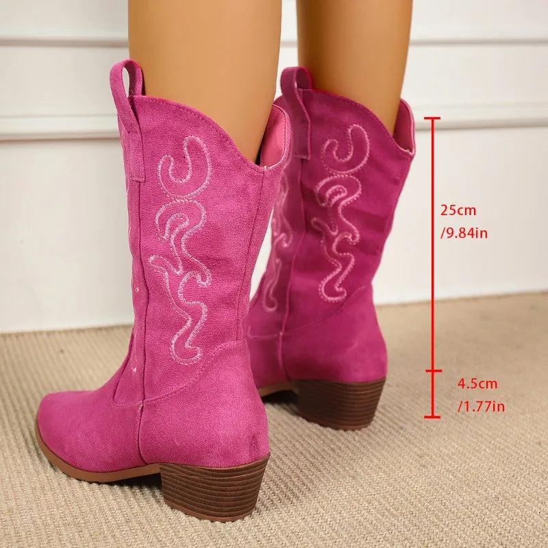 Western Women's Winter Knee High Boots Fashion Cowboy Cowgrils Boot Heel Red Party Shoes Ladies Large Size Available 43