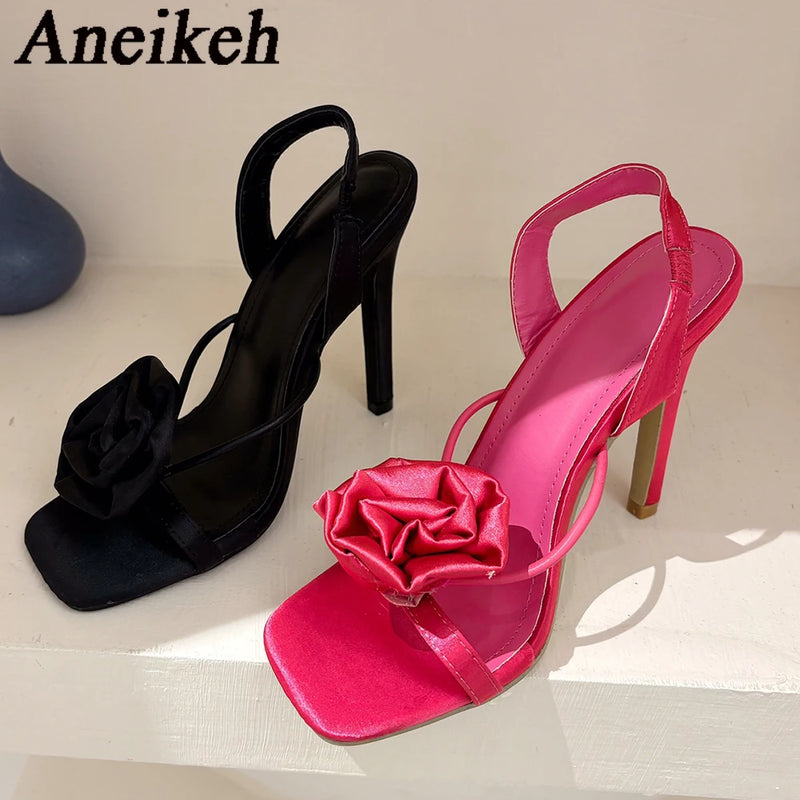 2024 Summer High Heels Sandals Women's Fashion Rose Silk Flower Open Toe Buckle Strap Sandals Party WEDDING Shoes