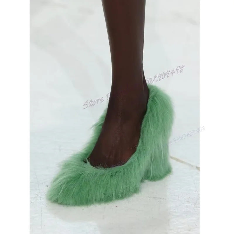 Green Fur Decor Chunky Heels Pumps Pointed Toe Shoes Zapatos Para Mujere