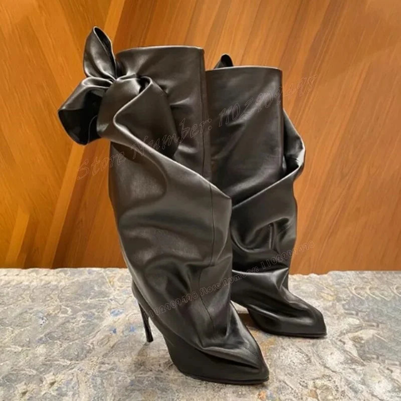 Black Stange Style Heels Pleated Boots