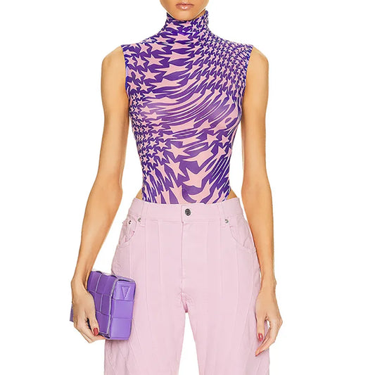 Printed flocked mesh backless sleeveless bodysuit