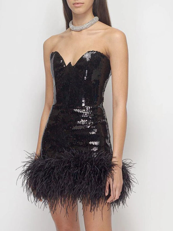 Black Fashion Sequin Feather Strapless Mini Tight Mini Dress Elegant Celebrity Party Dress